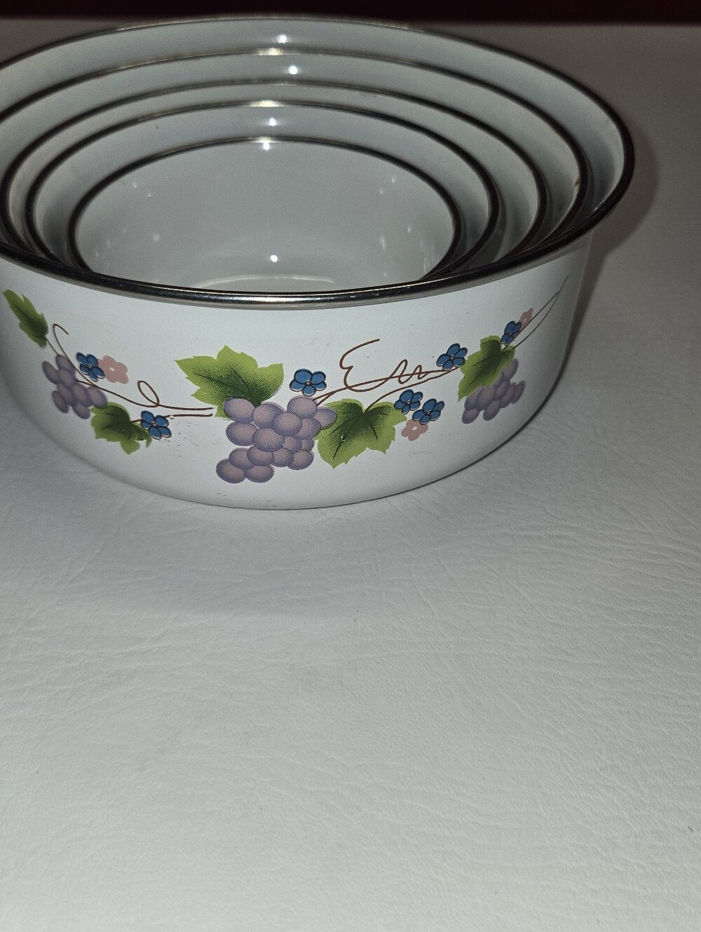 Vintage Enamel Coated Metal Mixing Bowls With Grape Detail Set Of 5 Cottagecore